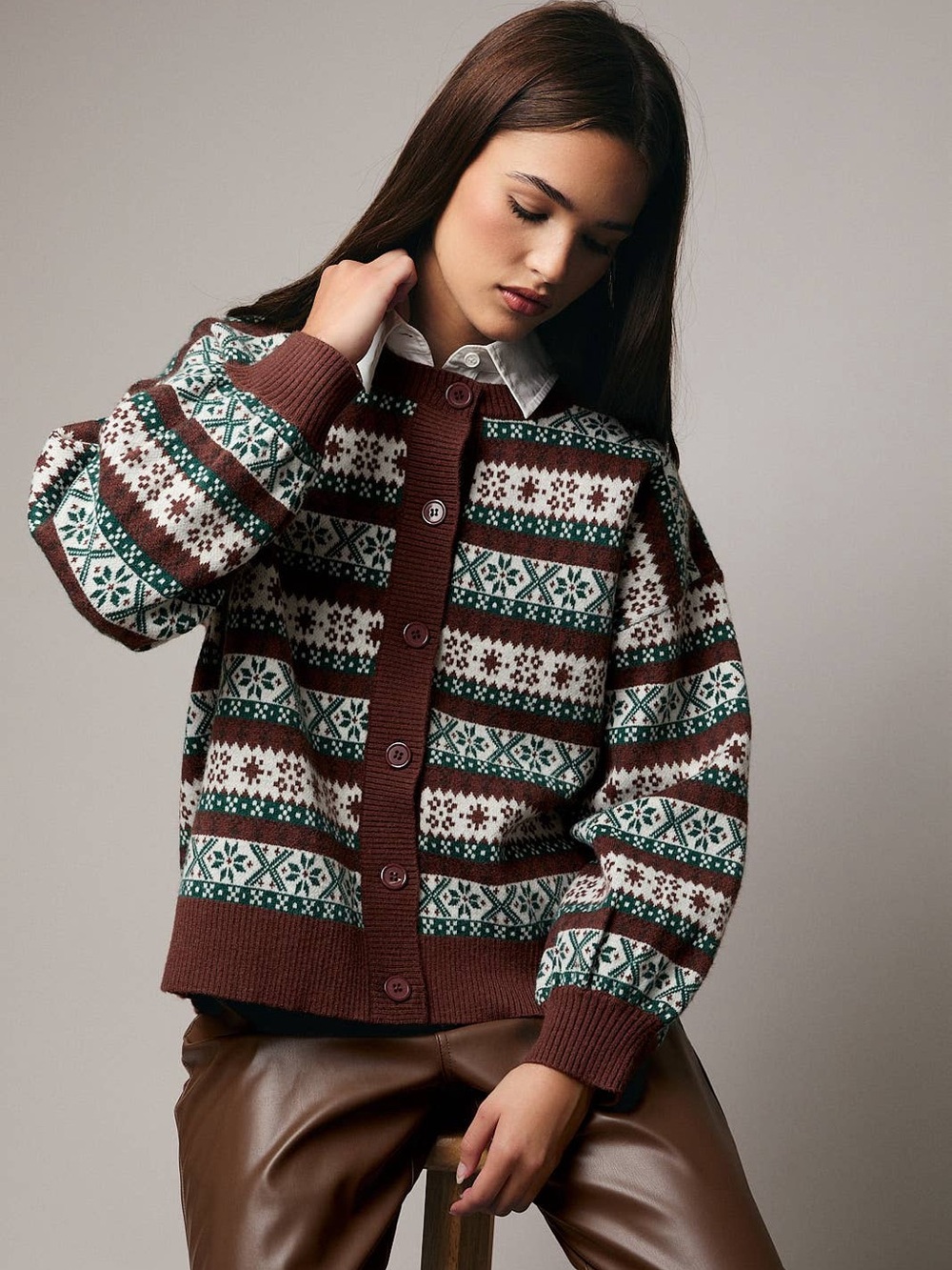 Women’s Brown Fair Isle Button-Up Cardigan Sweater